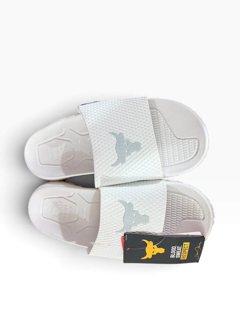Under Armour White Slide Sandals with Gray Bull Logo